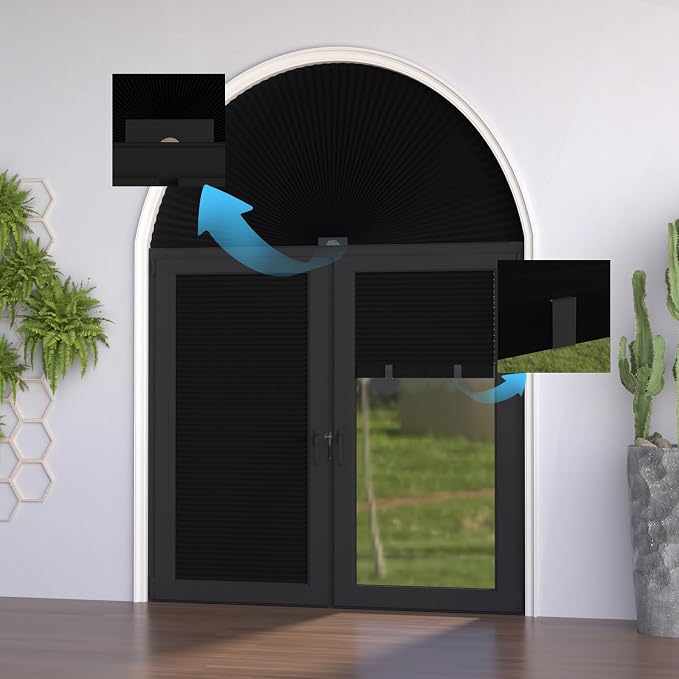Myshade Arch Window Shades Half Circle Blackout Cellular Shades Cordless No Drill Blinds for Windows Half Moon Honeycomb Fabric No Tools Room Darkening Shades Easy Install (1PCS Black 96" W X 48" H) - Image 7