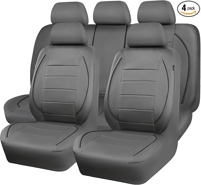 CAR PASS Piping Faux Leather Car Seat Cover Full Set,Grey Breathable Leather Seat Covers for Cars, Airbag Compatible,Universal Fit for SUVs,Van,Sedans,Small Trucks (Full Set, All Gray) by CARPASS