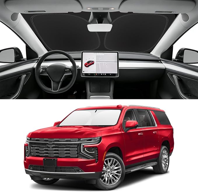 Custom Fit Windshield Sun Shade for Chevy Suburban 2021-2026 | Blocks UV Rays and Sun Heat, Helps Reduce Interior Temperature, Protects Dashboard from Fading, Folds Easily for Storage by SLOGENTO