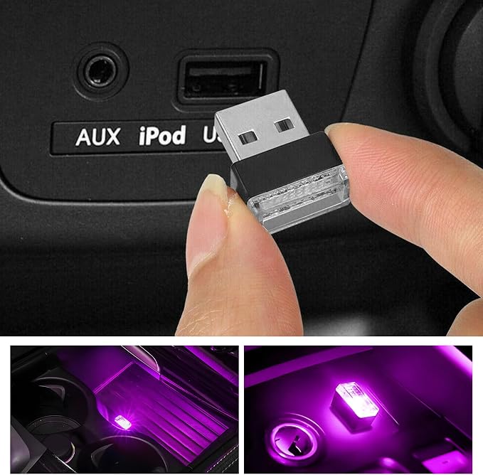 Sun Walker 4 PCS USB LED Car Interior Atmosphere Lamp, Plug-in USB Interface Trunk Ambient Light LED Decoration, Mini Portable Interior Night Lighting Kit for Most Vehicles (Purple) - Image 6