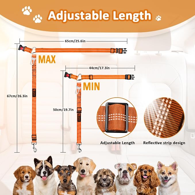 Laqibak Removable Dog Seat Belt Harness for Car, 3 in 1 Pet Seatbelt Leash | Retractable Headrest-Mounted,Restraint & Adjustable Reflective Bungee Dog Seatbelt Tether,Orange - Image 7