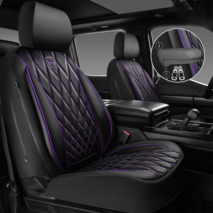 CAR PASS Piping Luxury Faux Leather Two Front Car Seat Covers, Waterproof Anti Slip Premium Automotive Seat Covers,Universal Fit for Suvs,Vans,Trucks, Armrest Airbag Compatible (Black and Purple) - Image 2