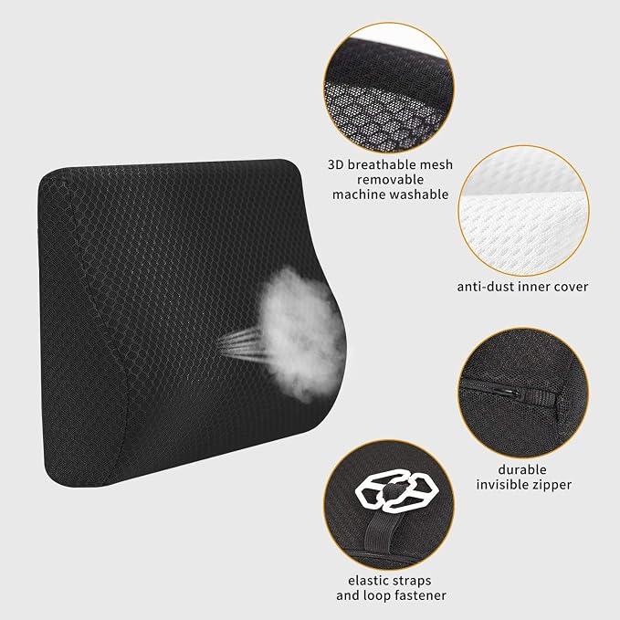 Memory Foam Lumbar Support Pillow for Car - Lower Back Support Cushion for Driving, Back Pain Relief for Car Seat, Office Chair, Wheelchair (Black) - Image 3