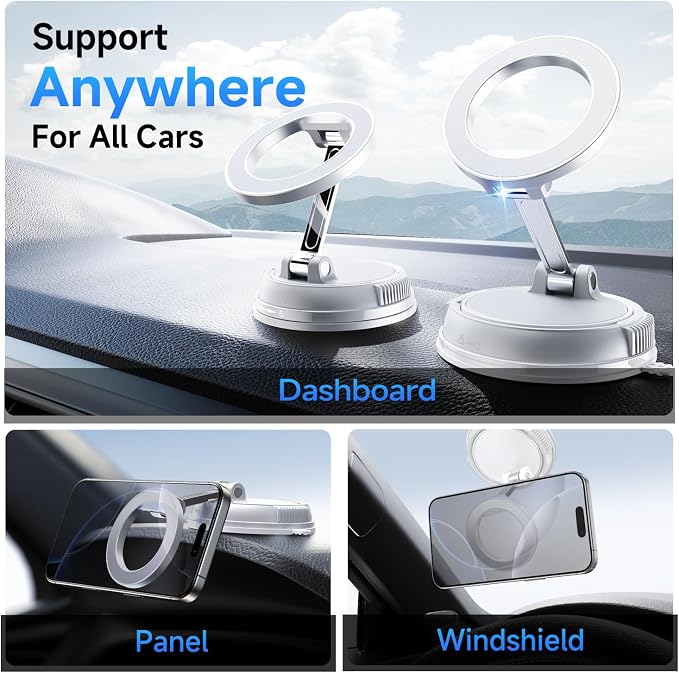 ANDERY Car Phone Holder for Magsafe [78+LBS Max Suction & 2400gf Magnetic] | 360° Adjustable Car Phone Mount, Phone Holders for Your Car for iPhone 17-12 Pro Max Air Plus (White) - Image 2