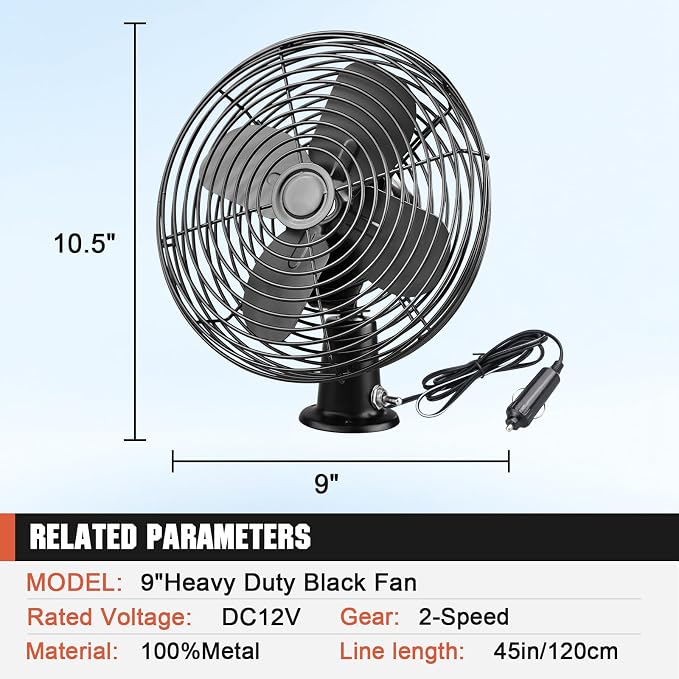 12V Portable Fan RV | Truck Cooling Heavy Duty 9" Metal Clip-On Car Fan Bus | Boat | Forklift | Car | Camper | Lawn | Mower | Tractor 2-Speed High Velocity Black - Image 5