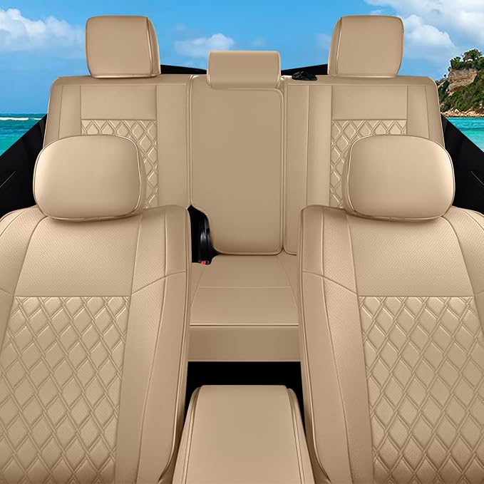 Huidasource Upgrade Grand Cherokee Seat Covers, Full Coverage Waterproof Leather Car Seat Covers, Custom Seat Cushion Protector Fit for Jeep Grand Cherokee 2011-2021 (Full Set/Beige) - Image 6