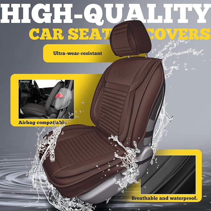 Front Car Seat Covers, Faux Nappa Leather for Sedan SUV, 2 Seats | Waterproof, Breathable and Airbag Compatible, Helps Reduce Slipping, Brown - Image 6