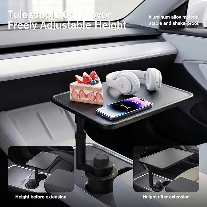 Car Desk for Laptop，Car Tray with 360° Rotating Cup Holder,Adjustable Height, Black Leather Texture Color Compatible with Tesla Model 3/Y/S, Ford，Toyota Sienna/Most Vehicles - Image 4