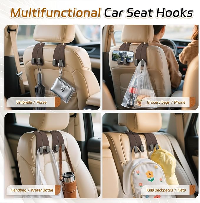 Car Seat Headrest Hooks, 4PCS Universal Car Purse Hook Leather Car Bag Hook | Brown Car Bag Purse Holder with Double Metal Hooks for Handbags, Grocery Bags, Bottles, Phones - Image 7