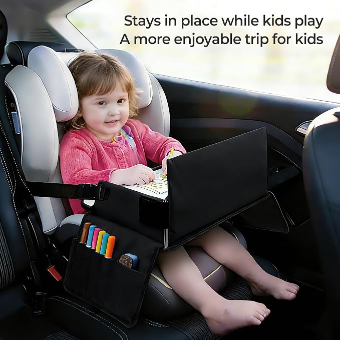 Kids Travel Tray for Car Seat, Carseat Table Tray for Kids Road Trip Activities, Car Trays for Kid Roadtrip Essentials, Toddler Lap Desk Organizer for Airplane - Black - Image 2