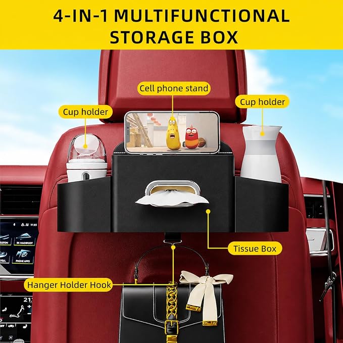Back Seat Car Organizer with One Towel Leather Wood Materials (Black) | Tissue Box, 2 Drink Cup Holder, Phone Holder, Hook, Compatible with Most Vehicles - Image 2