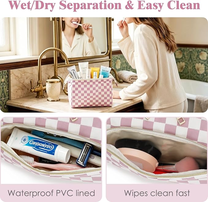 Fammart Travel Makeup Bag for Women, Waterproof Checkered Cosmetic Cosmetic Bag Make Up Organizer Case, Large Wide-open Toiletry Bag for Skincare, Brushes, Bathroom & Travel Essentials - Image 2