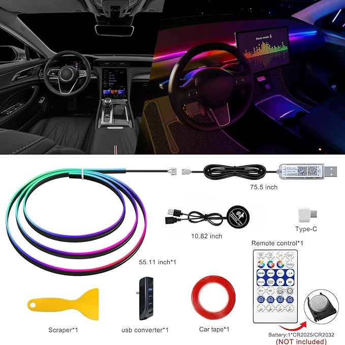Acrylic Interior Car LED Strip Light with 30S Motion Sensor Switch&USB Hub, Dreamcolor 55.1 inches Ambient Lighting Kits, RGB Colors Neon LED Strip Light - Image 3