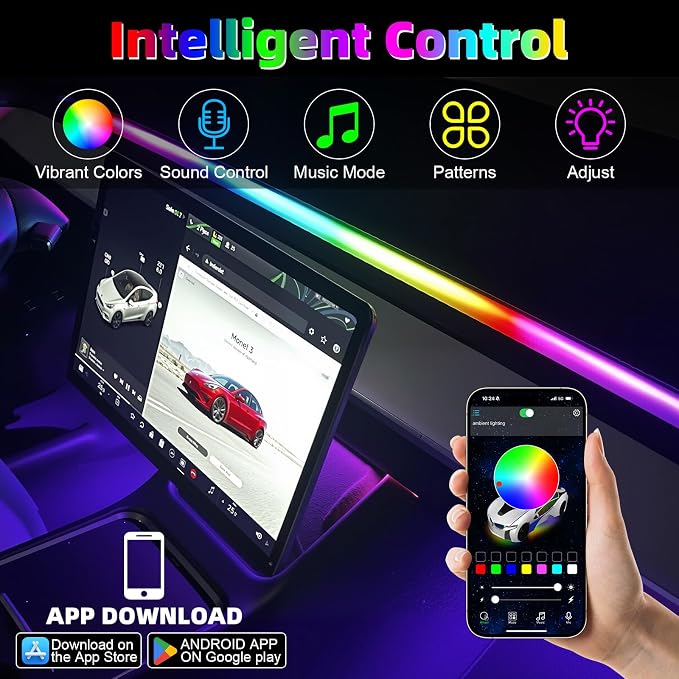 Interior Car LED Strip Lights for Tesla Model 3 Y 2021-2023, 16 Million Colors Ambient Lighting Kit with APP Control, Music Sync Color Change Neon Lights for Dashboard & Center Console - Image 2