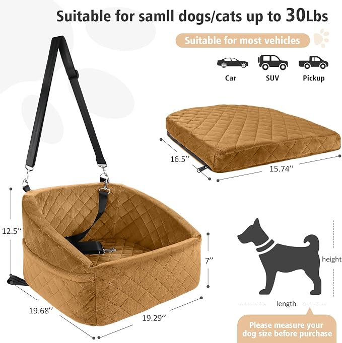 NEEZUKAR Dog Car Seat for Small Medium Dogs,Detachable Washable Dog Booster Seat Under 30lbs,Pet Car Seat Travel Bed with Storage Pockets and Dog Safety Belt（Brown - Image 2