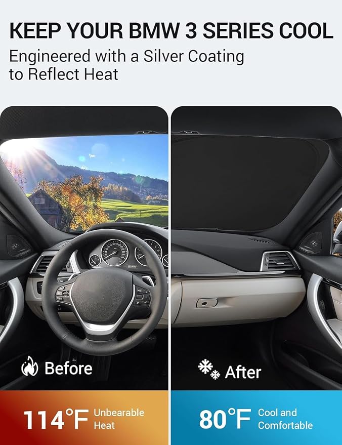 Proadsy Custom Fit 2013-2018 BMW 3 Series Windshield Sun Shade, Blocks Heat | 240T Heat Shield, Drops Temp 54°F, Blocks 99% UV, Prevents Dashboard Cracking, Summer Parking & Beach Trips, Easy Twist-Fold - Image 3