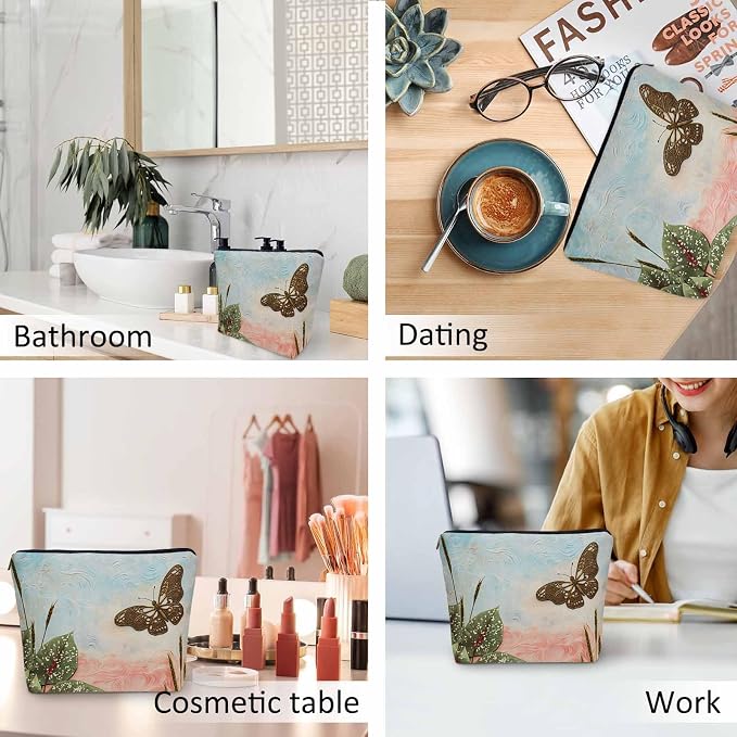 Women Cosmetic Bag Butterfly, Pond Green Leaves Floral Butterflies Cute Makeup Bag For Purse Cosmetic Travel Bag For Toiletries Makeup Storage Bag Flax Skincare Bag Make Up Pouch Bags - Image 6