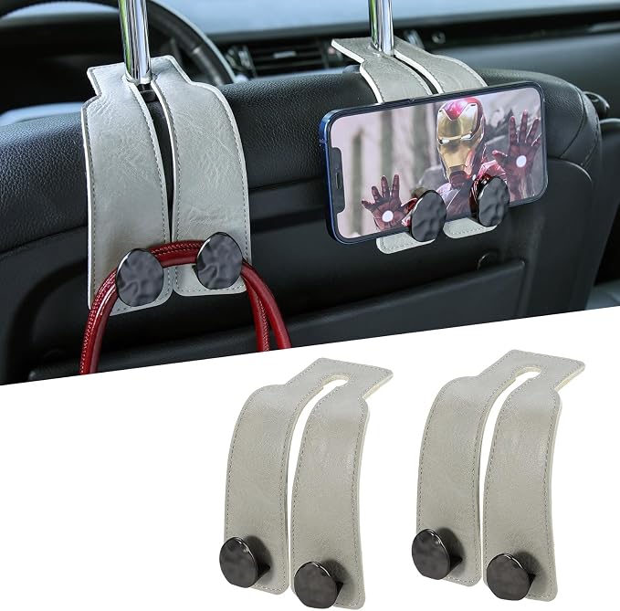 Leather Car Purse Hook for Headrest, 2 Pack (Grey-Black) | Twin Hooks Headrest Hangers, 2/4 Pack, No-Slip, Scratch-Proof, Holds Purses, Backpacks, Grocery Bags, Car Organizer Gift by Fashion