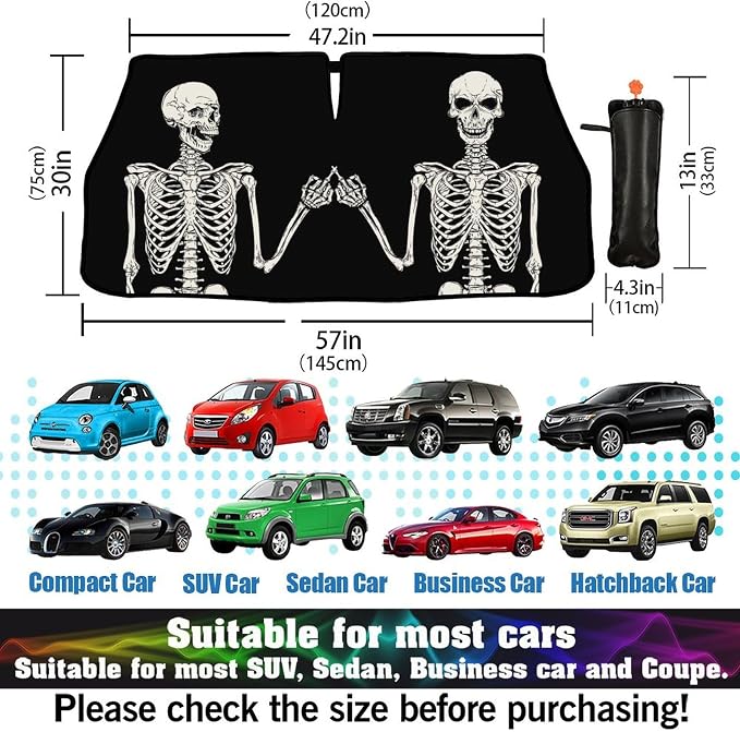 Funny Skull Car Windshield Sun Shade Umbrella Automotive Windshield Sunshade Foldable Front Car Accessories Interior Decor to Keep Vehicle Cool for Most Vehicles 57'' X 30'' - Image 3