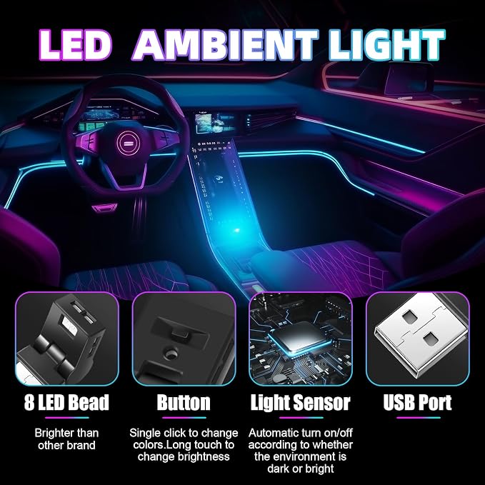 Frienda 2 Pcs Mini USB Light Car LED Interior Light, USB-A | 5v RGB Foldable Lighting, Adjustable 8 Color and Brightness, Smart USB Night Lamp for Cars Laptop Keyboard - Image 2