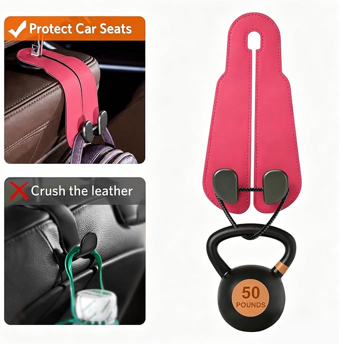 CoBak Purse Hook for Car - Universal Premium Stitched Leather and Aluminum-Magnesium Alloy Double Car Seat Back Storage Hook for Purses, Handbags, Bags (2 Pack),Raspberry - Image 4