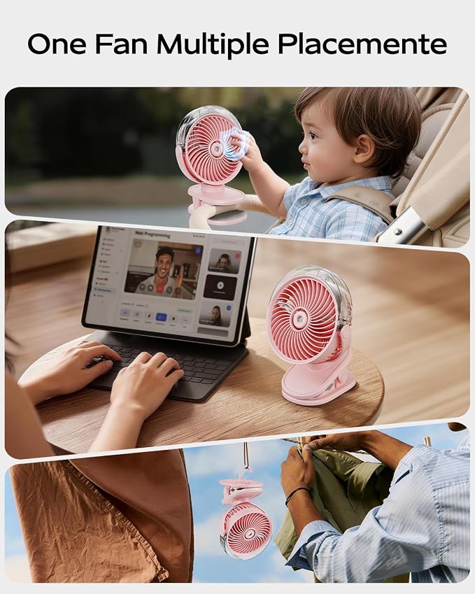 SWEETFULL Portable Misting Clip On Fan, USB-C Rechargeable Mini Personal Cooling Fan with 4 Speeds, 360° Rotatable, Quiet Cooling for Outdoor, Camping, Golf Cart, Travel, Stroller & Desk (Pink) - Image 8