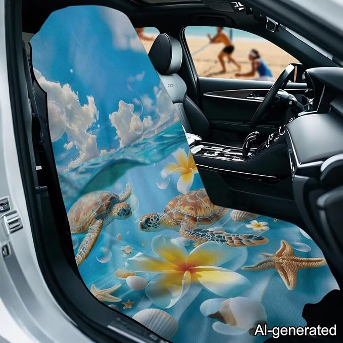 Horeset Sea Turtle & Plumeria Flower Ocean Car Seat Towel Cover – Absorbent Sand Proof Sweat Protector, Universal Fit for SUV Sedan Truck, Hawaii Beach Design - Image 2