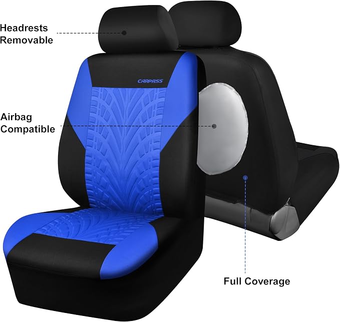 CAR PASS Car Seat Covers Full Sets, Front & Split Rear Bench for Car, 3D Tyre Embossed Automotive Interior Covers, Airbag Compatible, Quick Setup Universal Fit Seat Covers for Car, SUV(Black Blue) - Image 7