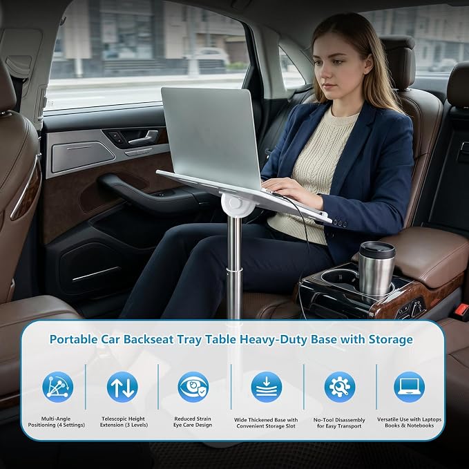 Car Desk for Laptop Passenger Seat, 3-Height Adjustable Tray | Anti-wobble aluminum stand, 0-60° tilt multi-slot tray for laptops & snacks. Detachable portable for car, camping & home use. - Image 3