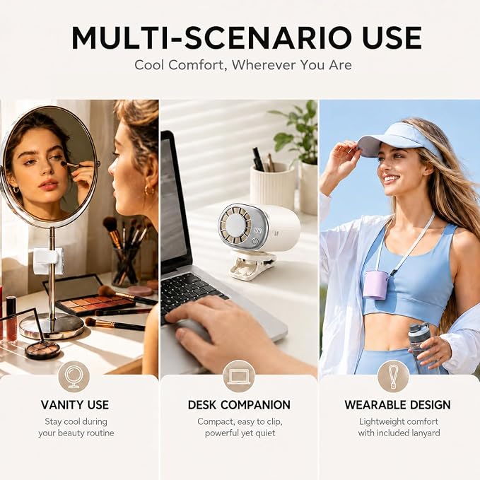 Clip on Fan, 360° Rotate Wearable Mini Fan, 199 Speeds LED Display | 4-in-1 clip fan for car seat, hat & waist. 199 speeds, LED display, 360° rotate, 2000mAh battery, lanyard included. - Image 4