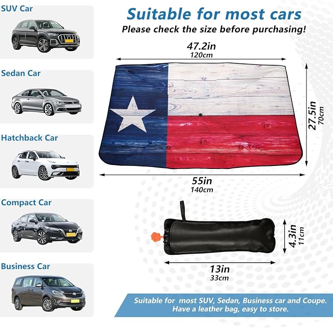 American Flag Windshield Sun Shade Umbrella The State Texas Wooden Foldable Car Front Window Sunshade Blocks UV Rays Heat Keep Vehicle Cool (55" x 27.5") - Image 4