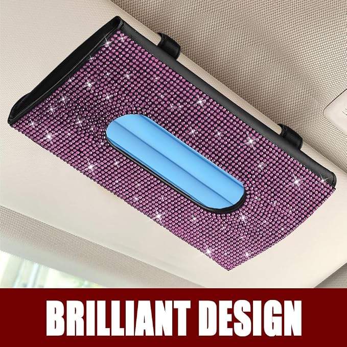 Bling Car Sun Visor Tissue Box Holder, Car Visor Tissue Holder, PU Leather with Bling Crystal Rhinestones Tissue Holder, Backseat Paper Towel Cover Case Auto Accessories for Women (Pink) - Image 6