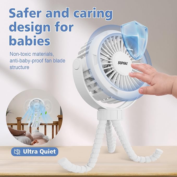 SOPOKE 3 Speed Mini Rechargeable Baby Stroller Fan, Blue | 360° Flexible Tripod, Handheld Design, for Car Seat Crib Treadmill Golf Cart Travel - Image 4