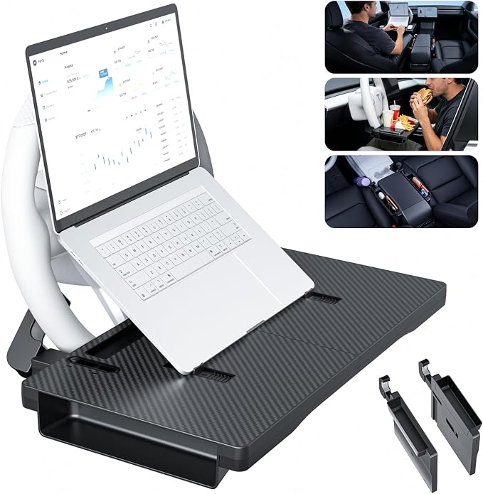 2-in-1 Car Steering Wheel Desk & Seat Gap Organizer Filler Tray | Foldable Adjustable Height Car Desk for Laptop Computer Tablet, Eating - Portable Table for Car Workstation Truck SUV Tesla - Image 11