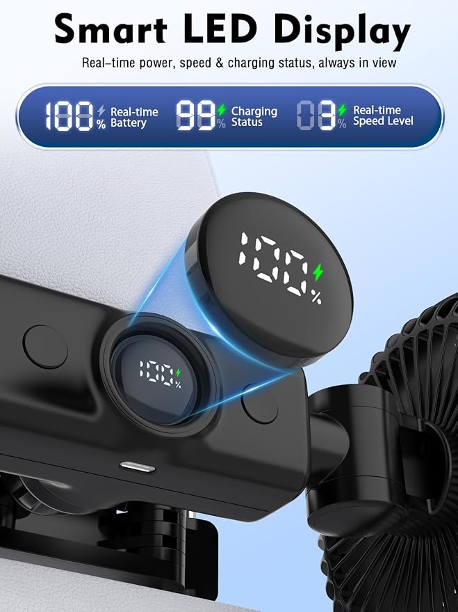 Car Fans for Backseat, 3600mAh Battery & USB Car Seat Fan with LED Display | 5V/2A,3 Speeds,360°Rotation, Dual Head Rechargeable Carseat Fan for Kids Baby Rear Facing Cooling Fan for Vehicle RV - Image 2