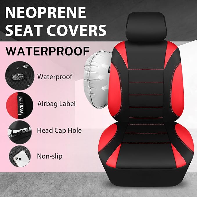 CAR PASS Neoprene Wetsuit Seat Covers, Waterproof Car Seat Covers Front with 5mm Composite EVA, Universal Fit for Car,Sedan, SUV TrucksAnti Slip, Airbag Compatible(Black and Red - Image 3