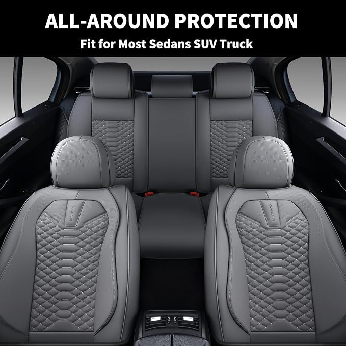 Coverado Car Seat Covers Full Set, Nappa Leather Seat Covers for Cars, 5 Seats Universal Waterproof Seat Covers, Front and Back Car Seat Protector, Automotive Seat Covers Fit for Most Cars, Gray - Image 7