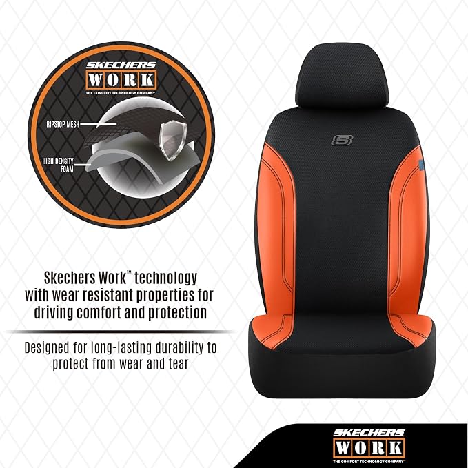 Skechers Work Seat Covers, Leather Car Seat Covers 5-Times Stronger Built-in Webbing, Oxford Fabric Front Seat Cover, Airbag Compatible, Automotive Comfort for Cars, Trucks, SUVs,Orange - Image 4