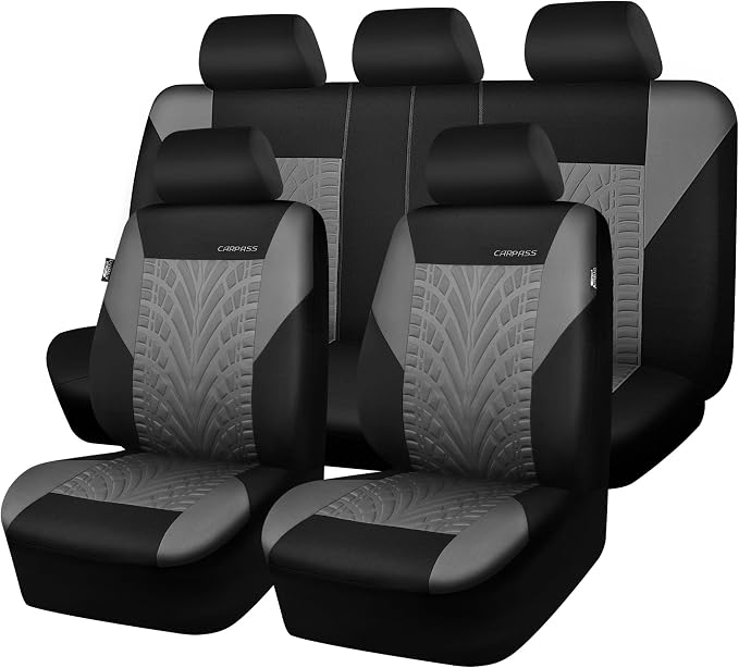 CAR PASS Car Seat Covers Full Sets, Front & Split Rear Bench for Car, 3D Tyre Embossed Automotive Interior Covers, Airbag Compatible, Quick Setup Universal Fit Seat Covers for Car, SUV(Black Gray) by CARPASS