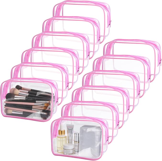 12 Pieces Clear Makeup Bags Bulk, TSA Approved Toiletry Bag Cosmetic Toiletries Pouch with Zipper, Waterproof Vinyl Plastic Organizer Case for Carry-on Travel Essentials (Pink Medium) by YOQIVEXU