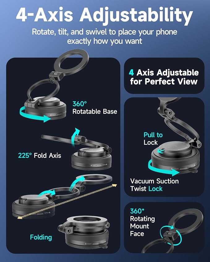 iOttie iTap 3 Magnetic Vacuum Suction Phone Mount, MagSafe Foldable Car Mount with 4-Axis Adjustment, Strong Dashboard & Windshield Hold, Metal Ring for Universal Compatibility, for iPhone 12-17 - Image 5