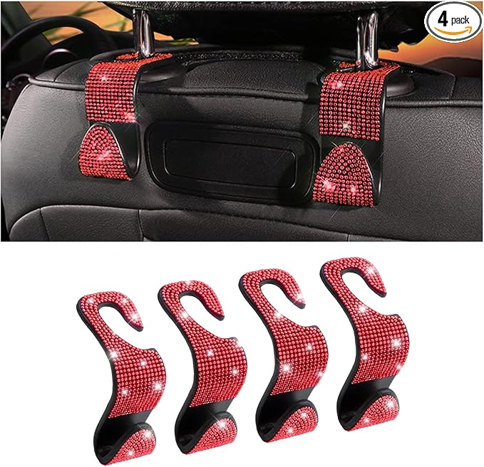 Moly Magnolia Bling Car Seat Headrest Hooks, 4PCS Handcrafted Rhinestones Seat Hanger Organizer for Handbag Purse Scarf, Universal for Cars, Auto Interior Accessories for Women Men (Red) by Moly+Magnolia