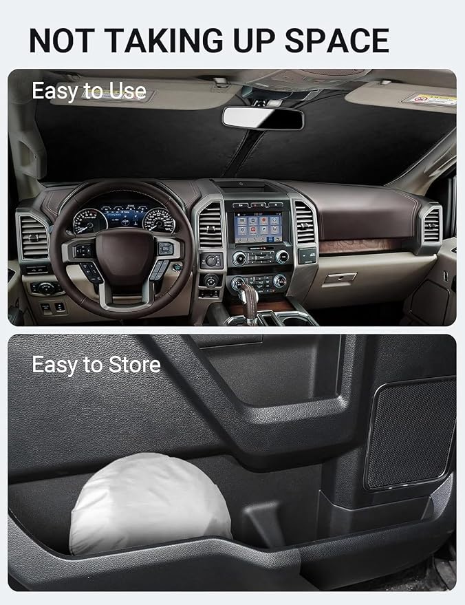 Proadsy Custom Fit 2015-2020 Ford F-150 Windshield Sun Shade, Blocks Heat | 240T Heat Shield, Drops Temp 54°F, Blocks 99% UV, Prevents Dashboard Cracking, Summer Parking & Beach Trips, Easy Twist-Fold - Image 8
