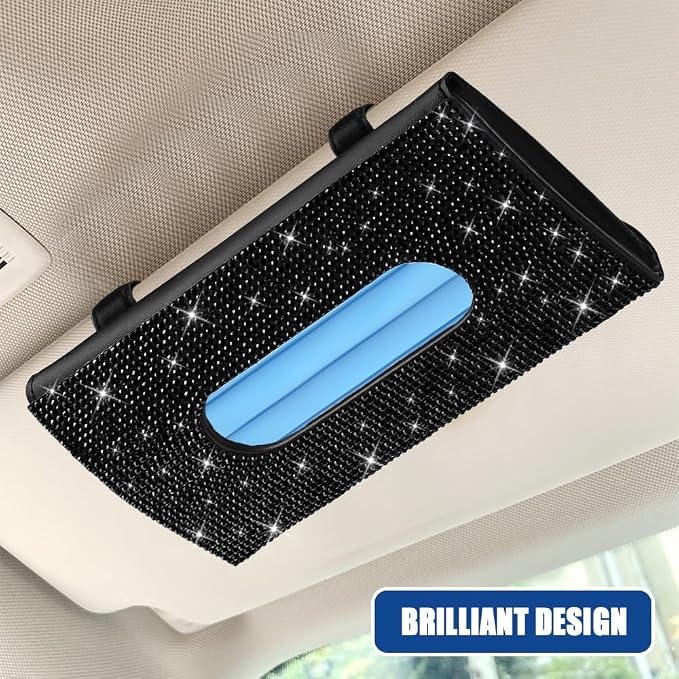Bling Car Sun Visor Tissue Box Holder, Visor Accessories, Rhinestone PU Leather Crystal Sparkling Napkin Holder, Auto Sun Visor Paper Towel Cover Case Accessories for Most Cars (Black) - Image 5