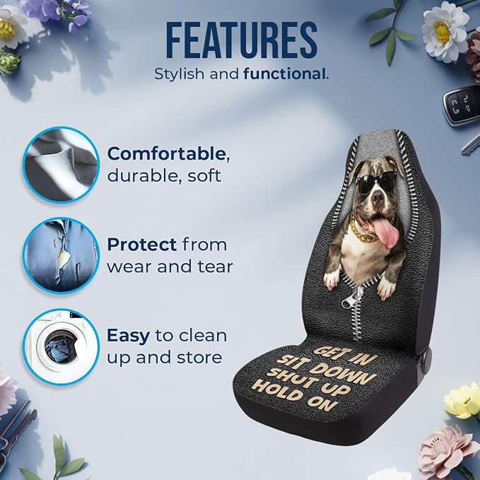GENANY Funny Pitbull Car Seat Covers, 2-Piece Front Seat Set | 2-piece polyester front seat cover set, each 35 x 21 x 21 inches, with adjustable straps and hooks - Image 5
