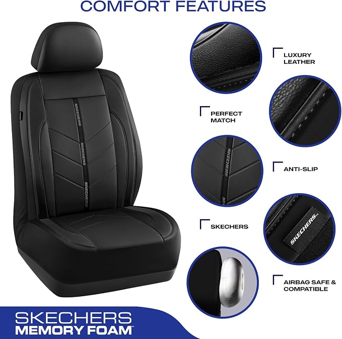 Skechers Car Seat Covers,Luxury Faux Leather Seat Covers,Waterproof Anti Slip Car Seat Protector Front Seats,Car Accessories Airbag Universal Fit for Most Cars,Vans,Trucks,SUV,Black - Image 3
