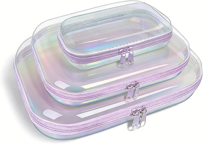 Clear Hard Shell Zipper Case,3PCS Transparent Clear Laser Zipper Pouches,Hard Side Plastic Case Set,Portable Travel Storage Organizer Bins by honitty