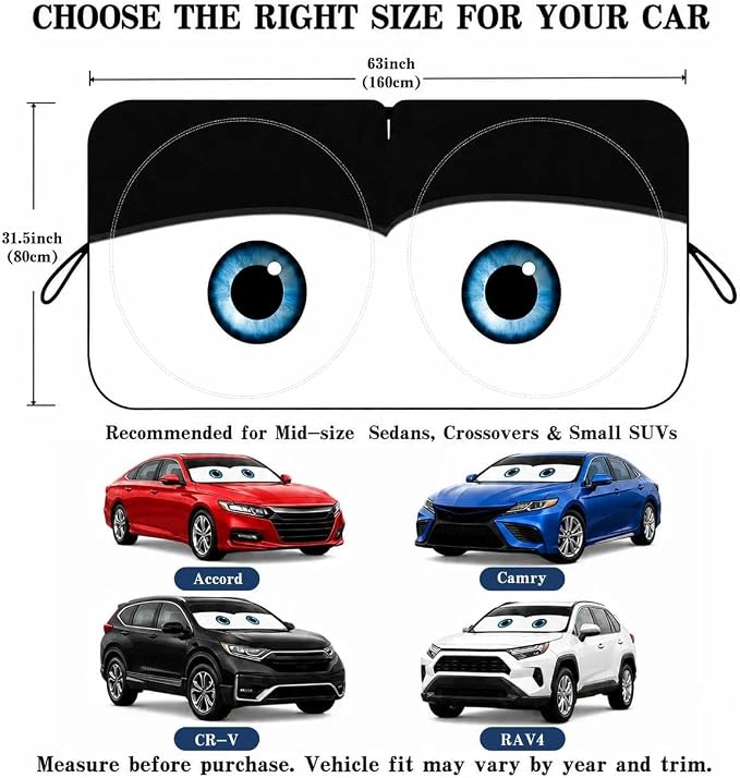 Car Windshield Sun Shade, Universal Fit Midsized Sedan SUV, Classic Black | 61 x 31.5" Windshield Cover, Foldable Front Window Sunshade, UV Heat Protection, Cute Eyes Series - Image 5