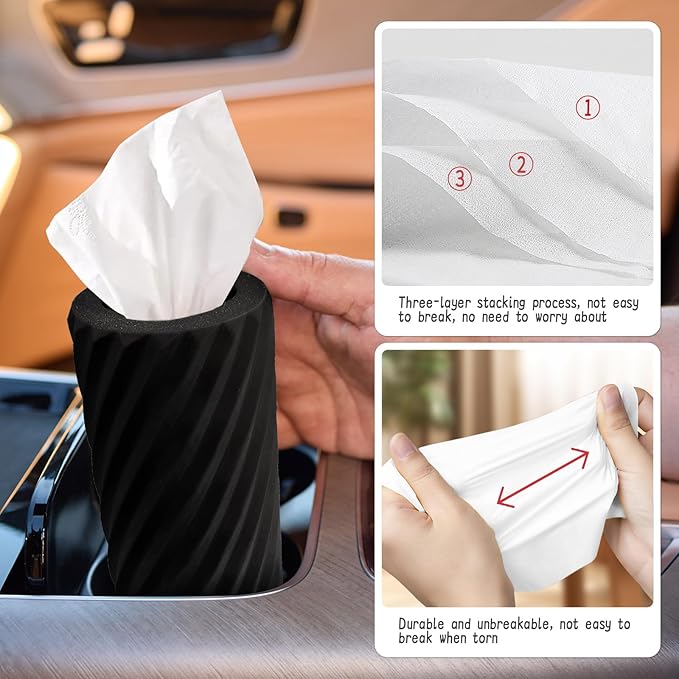 Car Tissue Holder, Refillable Round Cylinder with 3 Tissue Packs, Universal Fit for Vehicle Cup Holder, Home & Office, Car Accessories Interior (Black) - Image 4