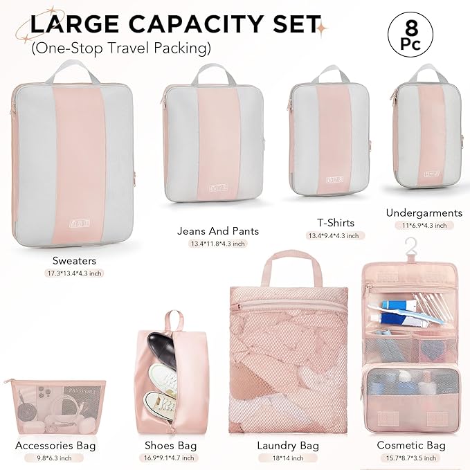 OlarHike 8 Set Compression Packing Cubes for Travel Gifts Mom Women,Airplane/Cruise/Car Travel Essentials,Compressible Expandable Space Saver Bags,Garment Bags with Over 1000 pcs Mesh Holes(Beige) - Image 2
